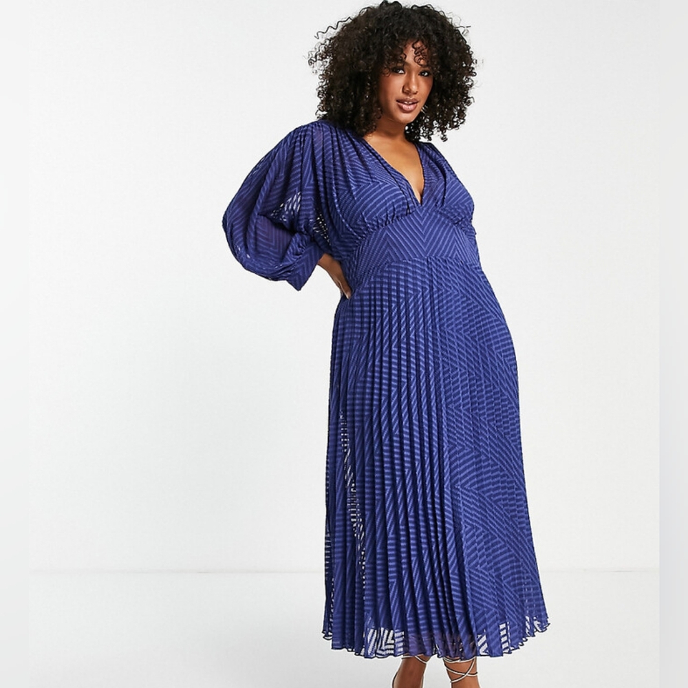 ASOS DESIGN Pleated Chevron Batwing Sheer Midi Dress Size 18 - Picture 10 of 10